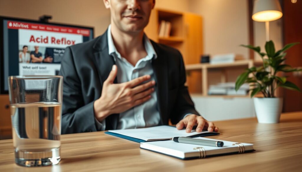 A close-up view of a person in professional business attire sitting at a desk, gently rubbing their stomach with a concerned expression, illustrating symptoms of acid reflux. In the foreground, there’s a glass of water and a notepad with pen, indicating a moment of worry. The middle ground features a computer screen displaying health-related information about acid reflux, while a plant in a pot adds a touch of greenery on the desk. The background is softly blurred, showing a warm, comforting office environment with warm lighting, evoking a feeling of concern yet hope. Capture the subject from a slightly elevated angle to emphasize the emotion and serenity of the space, creating an atmosphere of awareness and understanding.
