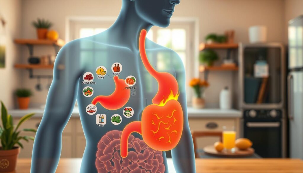 A conceptual illustration focusing on the causes of acid reflux. In the foreground, show a diagram of the human digestive system highlighting the stomach with a graphic representation of acid rising. The middle layer features common triggers like spicy food, citrus fruits, and carbonated drinks illustrated as icons or small images surrounding the stomach. In the background, a serene kitchen setting with a cozy ambiance, with soft, warm lighting filtering in through a window. The scene should evoke a sense of awareness and understanding, showcasing a balance between the triggers and the healthy lifestyle choices that can mitigate them. Use a shallow depth of field to emphasize the foreground while keeping the background softly blurred.