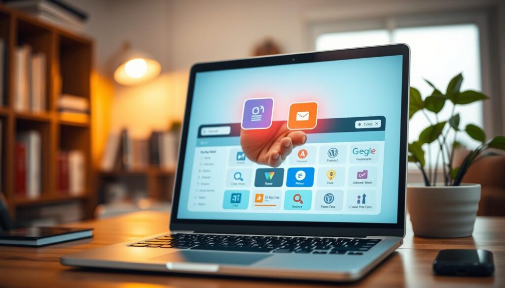 A digital workspace scene illustrating essential website plugins. In the foreground, a laptop with an open screen displaying a colorful dashboard of various plugin icons, such as SEO optimization and social media integration. In the middle, a hand reaching out to click on a vibrant plugin icon, symbolizing interactivity and choice. The background features a softly blurred office environment, with shelves of books and a potted plant, giving a sense of productivity and comfort. The lighting is warm and inviting, creating a professional yet cozy atmosphere. Use a moderate depth of field to focus on the laptop, capturing the details of the screen while the surroundings remain slightly out of focus. Emphasize clarity and simplicity, highlighting the concept of enhancing website functionality with plugins.