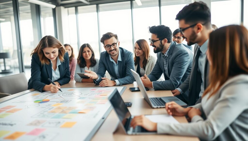 A diverse group of professionals gathered around a large conference table in a modern office space, brainstorming ideas for starting a new business. The foreground features a focused woman in business attire writing on a whiteboard filled with colorful diagrams and sticky notes. In the middle, a man wearing glasses is engaged in conversation, gesturing enthusiastically, while another colleague types notes on a laptop. The background shows large windows with natural light streaming in, giving a bright and inviting atmosphere. The mood is collaborative and energetic, emphasizing the practical steps to launch a business. The scene is shot at a wide angle to capture the team dynamics, with a depth of field that subtly blurs the background, highlighting the group’s interaction.