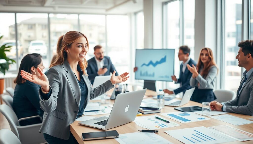 A dynamic business development scene depicting a diverse group of professionals brainstorming around a large table, filled with charts, graphs, and digital devices. In the foreground, a confident woman in business attire gestures with enthusiasm while presenting ideas on a laptop. The middle ground features colleagues, both men and women, engaged in discussion, looking at a digital screen displaying growth metrics. The background shows a bright, modern office with large windows allowing natural light to filter in, creating an optimistic atmosphere. The color palette is warm and inviting, emphasizing collaboration and innovation. A shallow depth of field focuses on the teamwork while gently blurring the background to enhance the sense of action and strategy.
