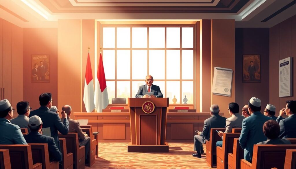 A dynamic scene illustrating the transitional government of Indonesia during the reformasi era, featuring BJ Habibie standing confidently at a podium in a well-furnished government chamber. He is wearing a formal suit, exuding an air of authority and determination. In the foreground, a diverse group of government officials and advisors, dressed in professional attire, engage in discussions, highlighting teamwork and unity. The middle ground showcases a large window with natural light streaming in, creating an optimistic atmosphere. In the background, subtle hints of the Indonesian flag and historical reform documents adorn the walls, symbolizing change and hope. The overall mood is forward-looking and transformative, capturing the essence of Indonesia's political reform journey during this pivotal moment in history. A dynamic scene illustrating the transitional government of Indonesia during the reformasi era, featuring BJ Habibie standing confidently at a podium in a well-furnished government chamber. He is wearing a formal suit, exuding an air of authority and determination. In the foreground, a diverse group of government officials and advisors, dressed in professional attire, engage in discussions, highlighting teamwork and unity. The middle ground showcases a large window with natural light streaming in, creating an optimistic atmosphere. In the background, subtle hints of the Indonesian flag and historical reform documents adorn the walls, symbolizing change and hope. The overall mood is forward-looking and transformative, capturing the essence of Indonesia's political reform journey during this pivotal moment in history.