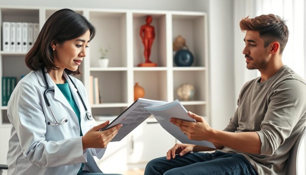 A healthcare professional in a modern, well-lit examination room, intently discussing panic disorder diagnosis with a patient. The foreground features the doctor, a middle-aged Asian woman in a white lab coat, showcasing empathy as she examines medical charts on a tablet. The patient, a young Caucasian man in casual clothing, appears engaged but anxious, sitting across from her. In the background, shelves with medical books and anatomical models reflect a calming atmosphere, with soft, natural lighting illuminating the scene. The angle captures the interaction, highlighting the emotional support and professionalism integral to diagnosing panic disorder. The overall mood should convey reassurance and understanding in a clinical setting, emphasizing the step-by-step medical approach to diagnosis.