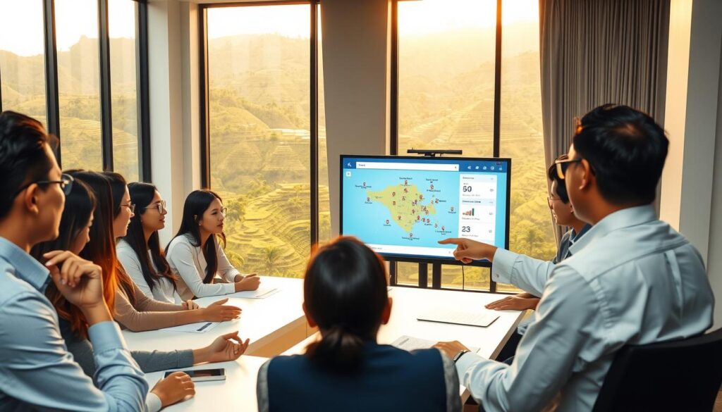 A professional meeting scene taking place in a modern, well-lit conference room. In the foreground, a diverse group of people in business attire, including a middle-aged Indonesian man in a suit discussing regulations, aided by a young woman pointing at a digital tablet displaying graphs and data related to accommodation rental platforms. In the middle, a large screen shows a map of Bali with icons representing rental properties. In the background, tall windows offer a panoramic view of Bali's lush landscapes and iconic rice terraces, bathed in warm afternoon sunlight. The atmosphere is focused and collaborative, capturing the essence of regulatory discussions on upcoming rental laws.