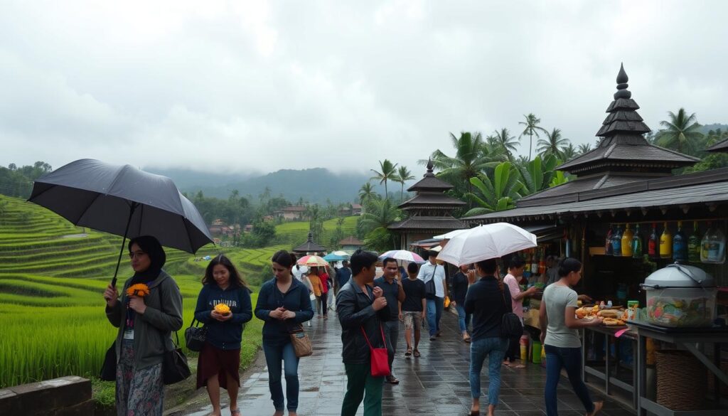 A serene Balinese landscape during the rainy season, characterized by lush green rice terraces and a cloudy sky, hinting at an impending downpour. In the foreground, a few modestly dressed tourists, equipped with umbrellas and rain jackets, are interacting with friendly locals who are carrying traditional offerings. The middle ground features a bustling market scene, with stalls draped in colorful fabrics offering local delicacies, yet visibly less crowded than usual. In the background, dense tropical foliage and elaborate Balinese architecture blend harmoniously. The image captures a soft, diffused natural light, creating a serene and contemplative mood, emphasizing the contrast between vibrant culture and the quiet of the rainy season, with a focus on community and resilience.