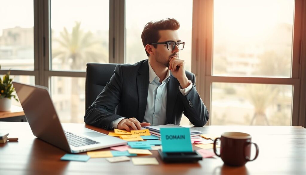A thoughtful business professional in smart casual attire sits at a modern desk, surrounded by objects symbolizing domain selection, such as a laptop displaying a website builder, colorful sticky notes with potential domain names, and a cup of coffee. In the background, a large window reveals a bright, sunny day, adding an uplifting atmosphere. Soft, natural light floods the room, enhancing the focus on the subject and their workspace. The composition is shot from a slightly elevated angle, providing a clear view of the desk and its organized chaos. Warm colors dominate the scene, evoking a sense of creativity and focus, conveying the importance of choosing a memorable domain name for a website.