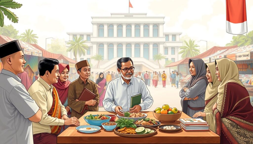 An illustration representing the concept of pluralism during Abdurrahman Wahid's presidency in Indonesia (1999-2001). In the foreground, a diverse group of Indonesian citizens, including men and women of various ethnic backgrounds, engaged in a respectful dialogue around a traditional wooden table filled with local food, symbolizing unity in diversity. In the middle ground, a vibrant marketplace showcasing stalls with colorful fabrics, traditional crafts, and books on religious tolerance, emphasizing the era's cultural richness. The background features a modern government building in soft, natural daylight to symbolize progress and reform. The atmosphere is warm and inviting, reflecting hope and collaboration among different communities. The scene is captured from a slightly elevated angle to convey depth and inclusivity. The lighting is soft yet ample, enhancing the sense of harmony. An illustration representing the concept of pluralism during Abdurrahman Wahid's presidency in Indonesia (1999-2001). In the foreground, a diverse group of Indonesian citizens, including men and women of various ethnic backgrounds, engaged in a respectful dialogue around a traditional wooden table filled with local food, symbolizing unity in diversity. In the middle ground, a vibrant marketplace showcasing stalls with colorful fabrics, traditional crafts, and books on religious tolerance, emphasizing the era's cultural richness. The background features a modern government building in soft, natural daylight to symbolize progress and reform. The atmosphere is warm and inviting, reflecting hope and collaboration among different communities. The scene is captured from a slightly elevated angle to convey depth and inclusivity. The lighting is soft yet ample, enhancing the sense of harmony.