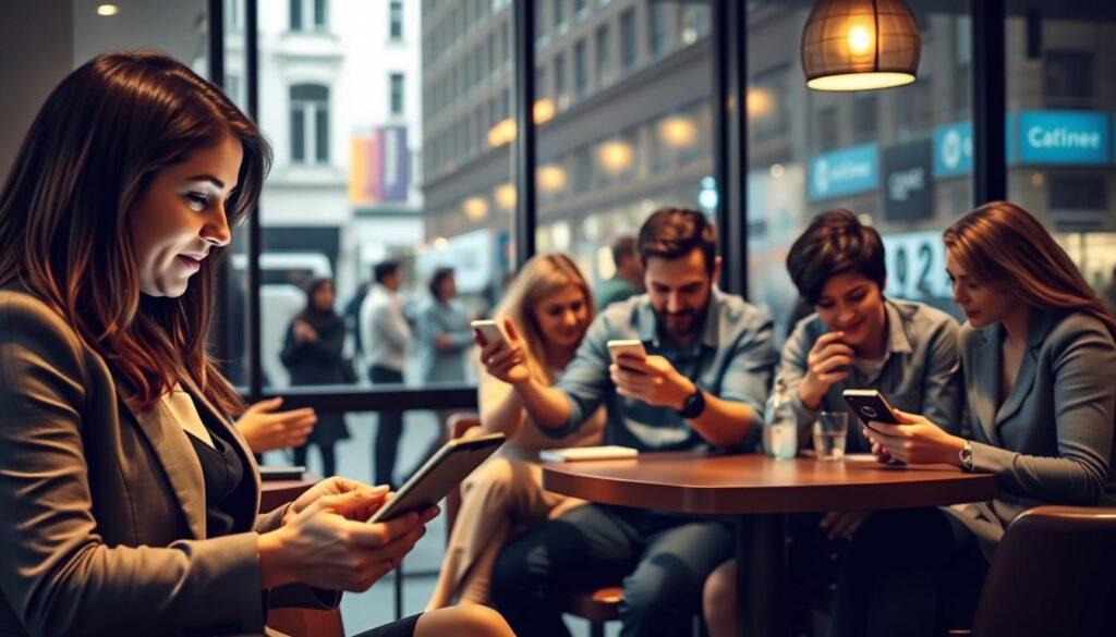 A modern café scene in an urban setting, featuring diverse groups of people engaging with technology. In the foreground, a woman in professional attire is absorbed in her tablet while a man nearby gestures excitedly, showing a digital screen to his companions. In the middle ground, a family shares a moment, each using mobile devices but glancing at each other, highlighting both connection and disconnection. The background shows a large window revealing a busy street, with pedestrians interacting but often looking at their phones. Soft, warm lighting enhances the social atmosphere, while a shallow depth of field focuses on the foreground characters, creating a sense of intimacy amidst the digital distractions. The mood is contemplative, illustrating the dual nature of technology’s impact on social relations. A modern café scene in an urban setting, featuring diverse groups of people engaging with technology. In the foreground, a woman in professional attire is absorbed in her tablet while a man nearby gestures excitedly, showing a digital screen to his companions. In the middle ground, a family shares a moment, each using mobile devices but glancing at each other, highlighting both connection and disconnection. The background shows a large window revealing a busy street, with pedestrians interacting but often looking at their phones. Soft, warm lighting enhances the social atmosphere, while a shallow depth of field focuses on the foreground characters, creating a sense of intimacy amidst the digital distractions. The mood is contemplative, illustrating the dual nature of technology’s impact on social relations.